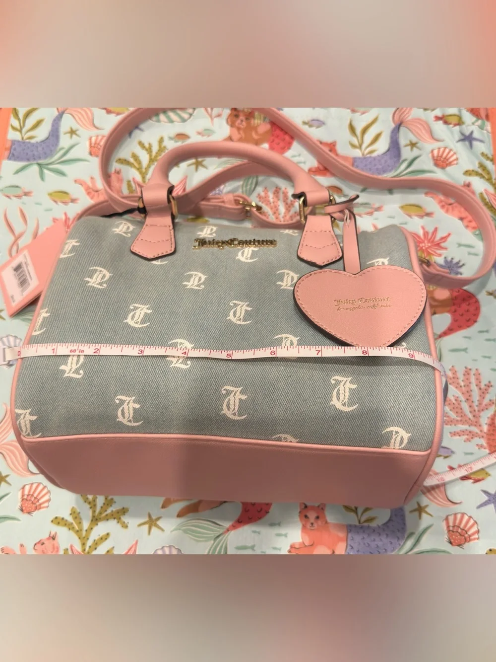 Juicy Couture Denim Purse w Long Strap & White Gothic Lettering w Pink Details